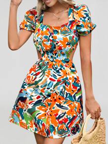 SHEIN VCAY Đầm Lộ Lưng Cắt ra Ren lên Buộc lại Hoa Boho - Nhiều màu - Xem 2