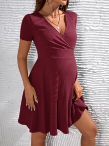 SHEIN Maternidad Vestido escote cruzado tejido de canalé - Burdeos - Ver 5