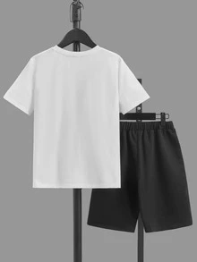 SHEIN Boys Letter & Spaceman Print Tee & Drawstring Waist Shorts - Black and White - View 2