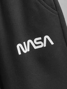 SHEIN Boys Letter & Spaceman Print Tee & Drawstring Waist Shorts - Black and White - View 3