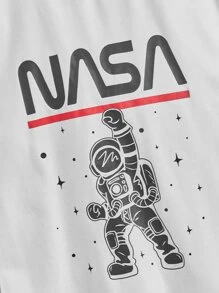 SHEIN Boys Letter & Spaceman Print Tee & Drawstring Waist Shorts - Black and White - View 4