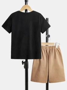 SHEIN Leap Crew Tween Boy Bear Print Tee & Drawstring Waist Shorts - Khaki - View 2