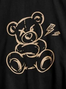 SHEIN Leap Crew Tween Boy Bear Print Tee & Drawstring Waist Shorts - Khaki - View 3