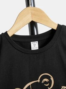 SHEIN Leap Crew Tween Boy Bear Print Tee & Drawstring Waist Shorts - Khaki - View 4