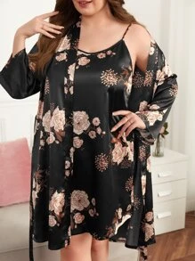 Plus Floral Print Satin Cami Nightdress & Belted Robe - Black - View 1