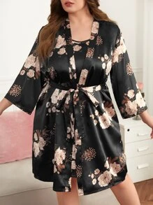 Plus Floral Print Satin Cami Nightdress & Belted Robe - Black - View 3