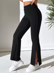 SHEIN PETITE 劈開式衣擺喇叭褲黑色