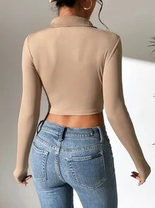 SHEIN PETITE Ribbed Knit Crop Tee - Khaki - View 2