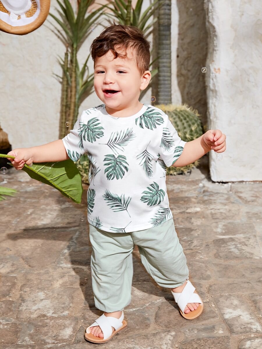SHEIN Baby Boy Tropical Print Tee & Pants - Multicolor - View 1