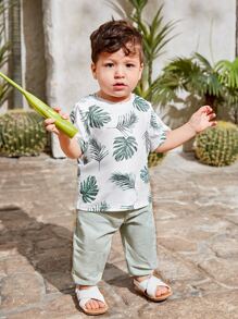 SHEIN Baby Boy Tropical Print Tee & Pants - Multicolor - View 3