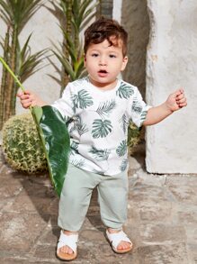 SHEIN Baby Boy Tropical Print Tee & Pants - Multicolor - View 4