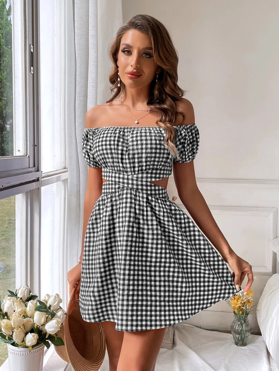 Soleia 格子圖案一字肩鏤空連衣裙 - 黑與白 - 查看 1