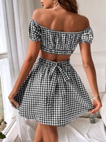 Soleia 格子圖案一字肩鏤空連衣裙 - 黑與白 - 查看 2