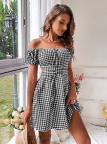 Soleia 格子圖案一字肩鏤空連衣裙 - 黑與白 - 查看 3