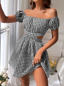 Soleia 格子圖案一字肩鏤空連衣裙 - 黑與白 - 查看 4