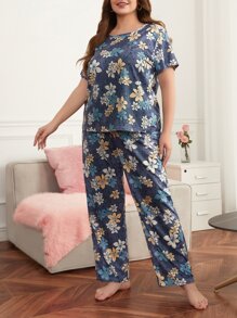Plus Floral Print PJ Set / Pajama Set - Multicolor - View 4