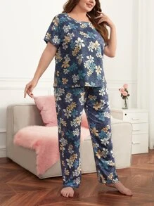 Plus Floral Print PJ Set / Pajama Set - Multicolor - View 5
