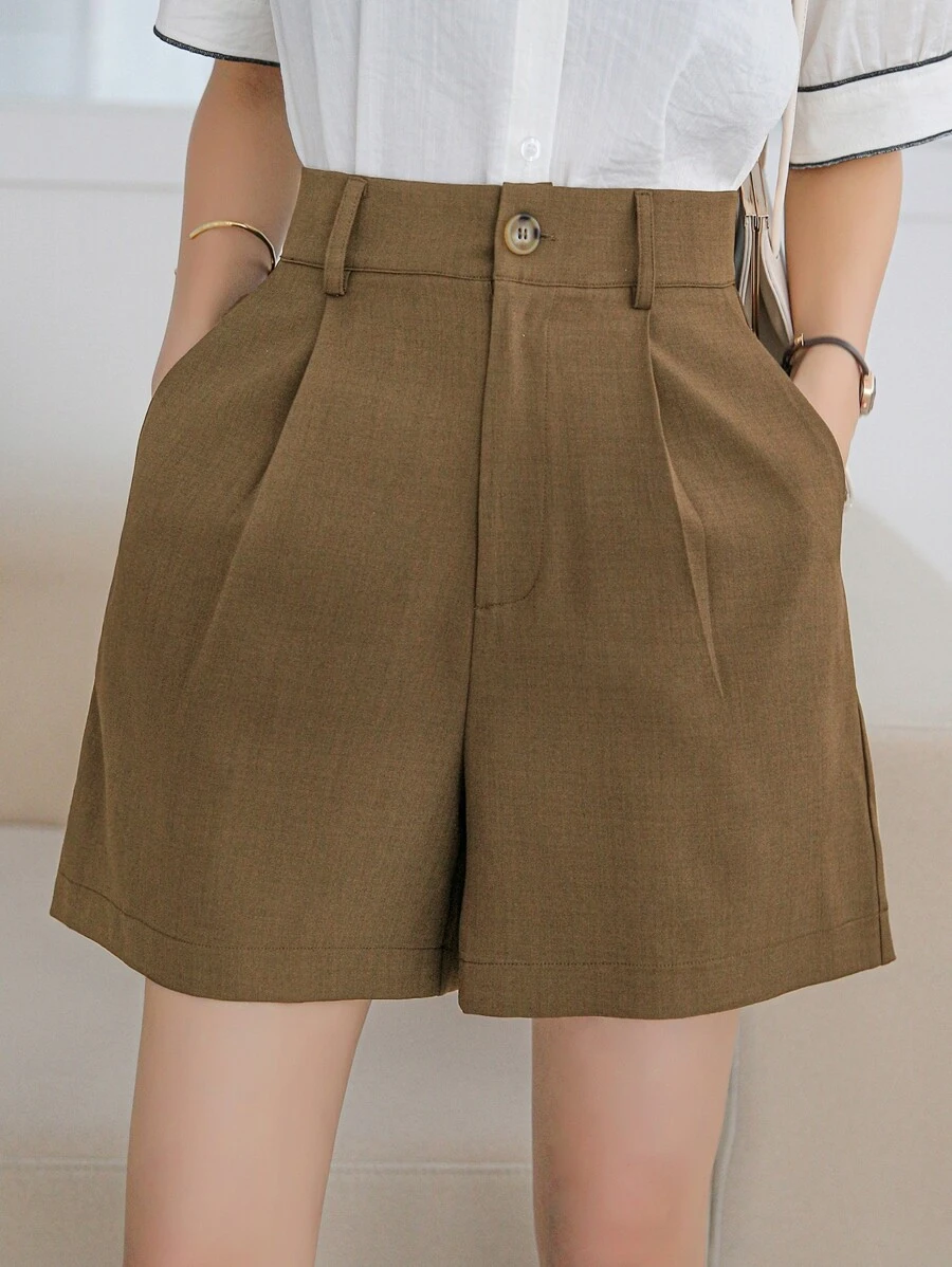 DAZY High Waist Slant Pockets Tailored Shorts Summer - Khaki - View 1
