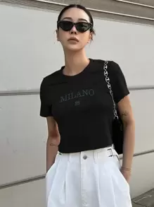 DAZY 字母刺繡短款T恤 - 黑色 - 查看 3