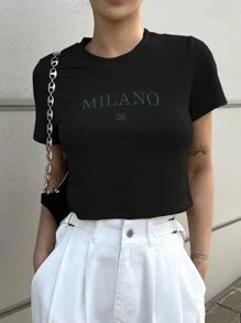 DAZY 字母刺繡短款T恤 - 黑色 - 查看 5