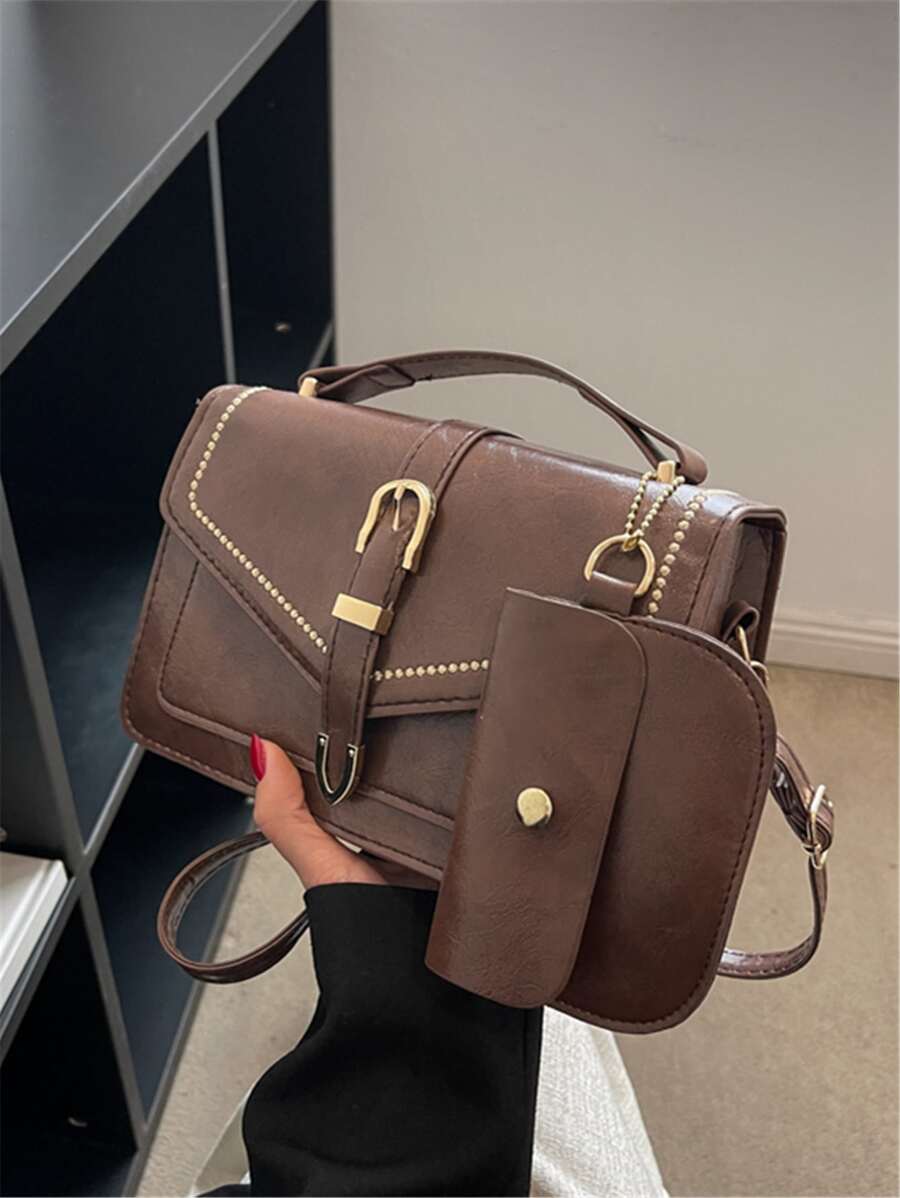 Bolsa cuadrada con diseño de hebilla con monedero - Café integral - Ver 1