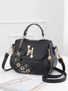 Floral Embroidery Flap Square Bag, Mother's Day Gift For Mom - Black - View 2