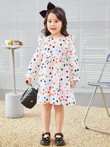 SHEIN Toddler Girls Polka Dot Print Ruffle Trim Dress - White - View 2