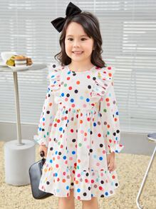 SHEIN Toddler Girls Polka Dot Print Ruffle Trim Dress - White - View 4
