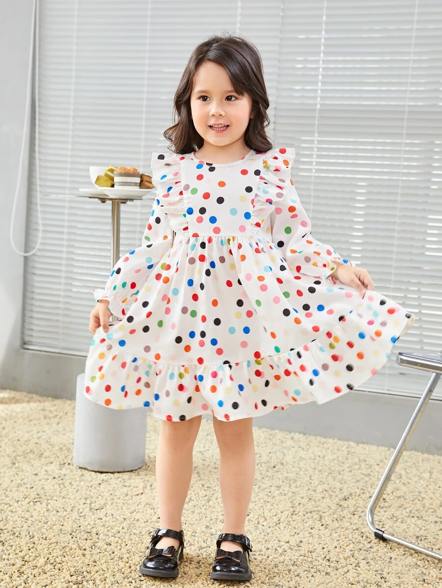 SHEIN Toddler Girls Polka Dot Print Ruffle Trim Dress - White - View 1