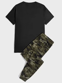 Manfinity VCAY Men Camo Graphic Print Patched Detail Short Sleeve Tee & Drawstring Waist Sweatpants, Going Out - Black - View 2