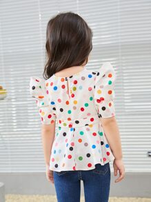 SHEIN 小女童1入組波點圖案泡泡袖襯衫 - 白色 - 查看 2