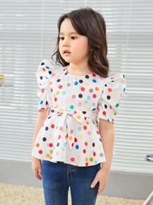 SHEIN 小女童1入組波點圖案泡泡袖襯衫 - 白色 - 查看 3