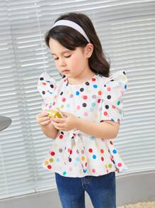 SHEIN 小女童1入組波點圖案泡泡袖襯衫 - 白色 - 查看 4