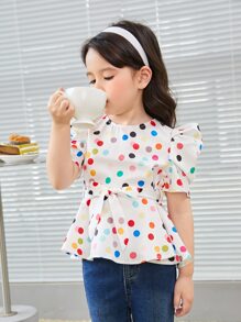 SHEIN 小女童1入組波點圖案泡泡袖襯衫 - 白色 - 查看 5