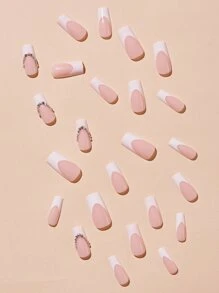 Actualice instantáneamente su aspecto con 24 piezas de uñas falsas cuadradas largas blancas con decoración de diamantes de imitación en 3D francés y un set que incluye 1 lima de uñas y 1 hoja de uñas adhesivas. Suministros de uñas uñas falsas uña falsa uña acrílica - Multicolor - Ver 2