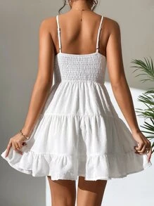 SHEIN PETITE Swiss Dot Shirred Ruffle Hem Cami Dress - White - View 3