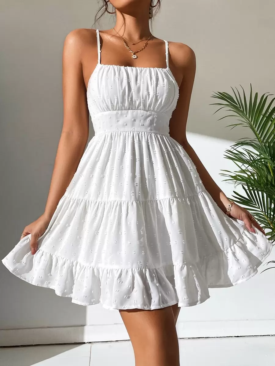 SHEIN PETITE Swiss Dot Shirred Ruffle Hem Cami Dress - White - View 1