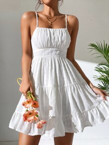 SHEIN PETITE Swiss Dot Shirred Ruffle Hem Cami Dress - White - View 6