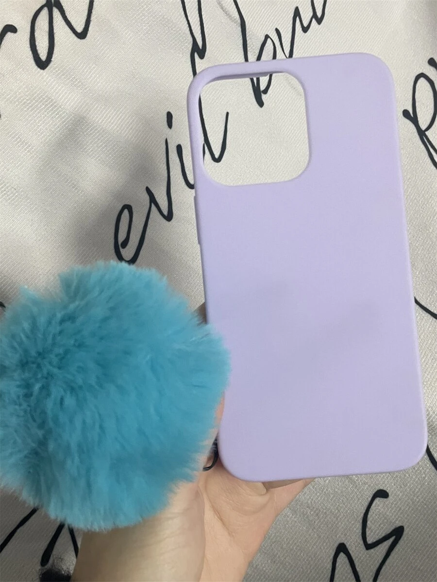 Plain Phone Case With Fluffy Pendant - Purple - View 1