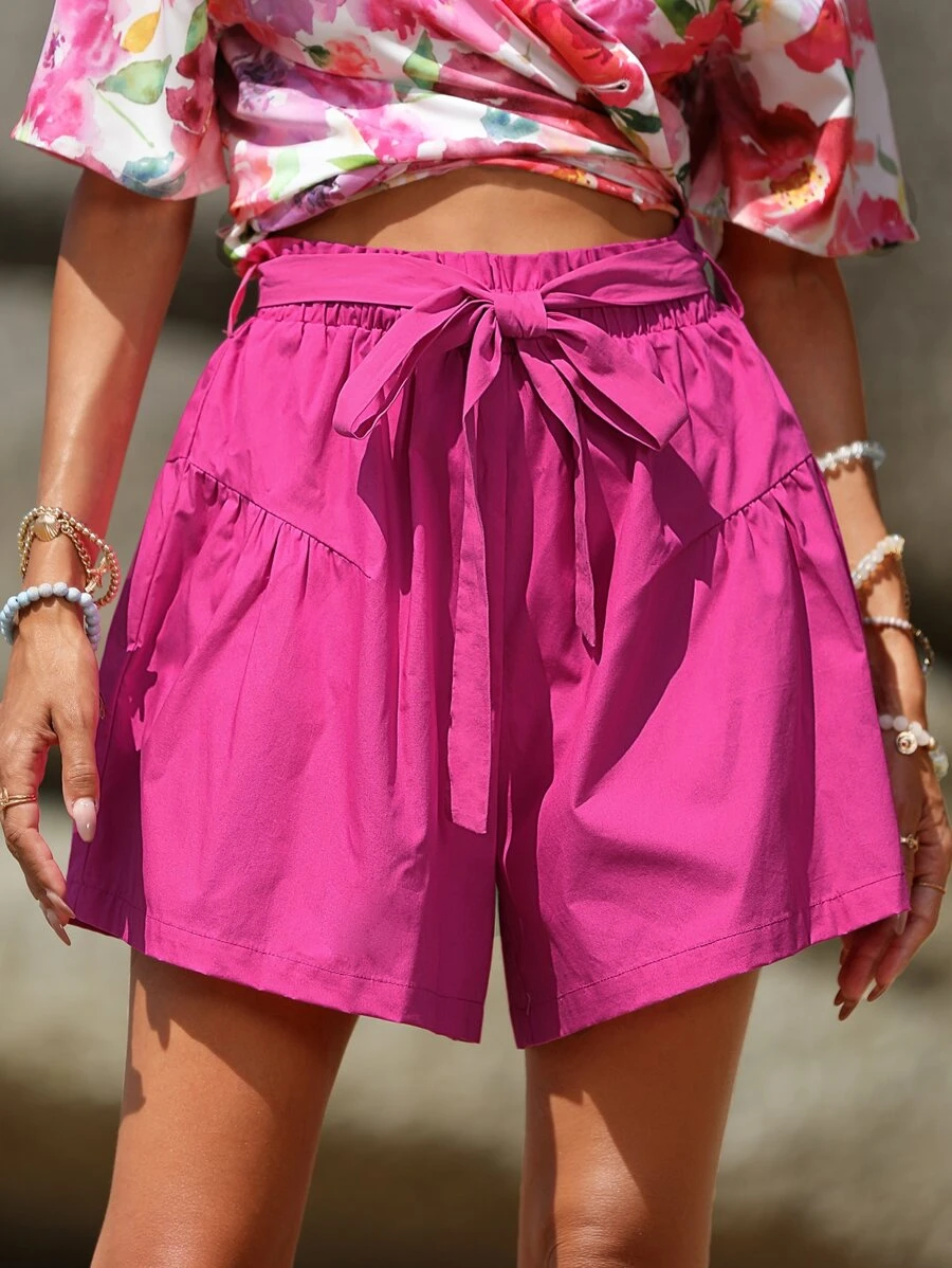 SHEIN VCAY Tie Front Wide Leg Shorts - Hot Pink - View 1