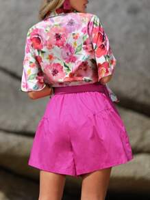 SHEIN VCAY Tie Front Wide Leg Shorts - Hot Pink - View 3