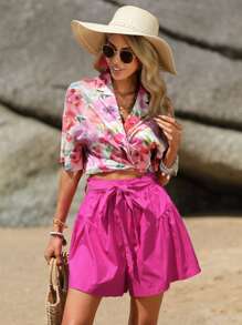 SHEIN VCAY Tie Front Wide Leg Shorts - Hot Pink - View 2