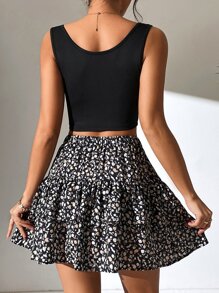 SHEIN PETITE Bộ đồ hai mảnh nữ Viên lá sen phân lớp Đồ họa Giải trí - màu đen - Xem 2