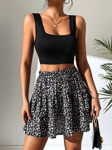 SHEIN PETITE Bộ đồ hai mảnh nữ Viên lá sen phân lớp Đồ họa Giải trí - màu đen - Xem 5