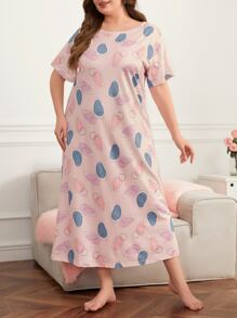 Plus Allover Print Pajama Night Dress, Moo Moo - Baby Pink - View 1