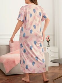 Plus Allover Print Pajama Night Dress, Moo Moo - Baby Pink - View 2