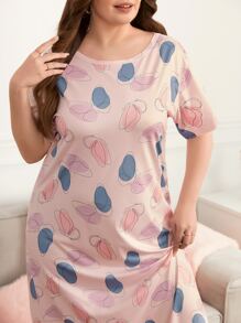 Plus Allover Print Pajama Night Dress, Moo Moo - Baby Pink - View 3