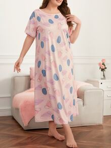 Plus Allover Print Pajama Night Dress, Moo Moo - Baby Pink - View 4