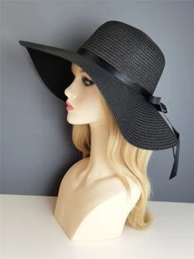 蝴蝶結裝飾草編帽 - 黑色 - 查看 1