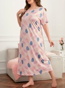 Plus Allover Print Pajama Night Dress, Moo Moo - Baby Pink - View 5